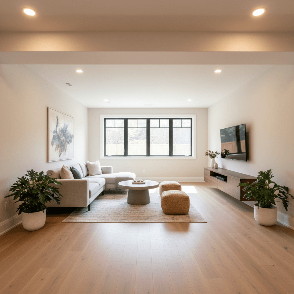 Finished basement with new drywall, flooring, and professional lighting