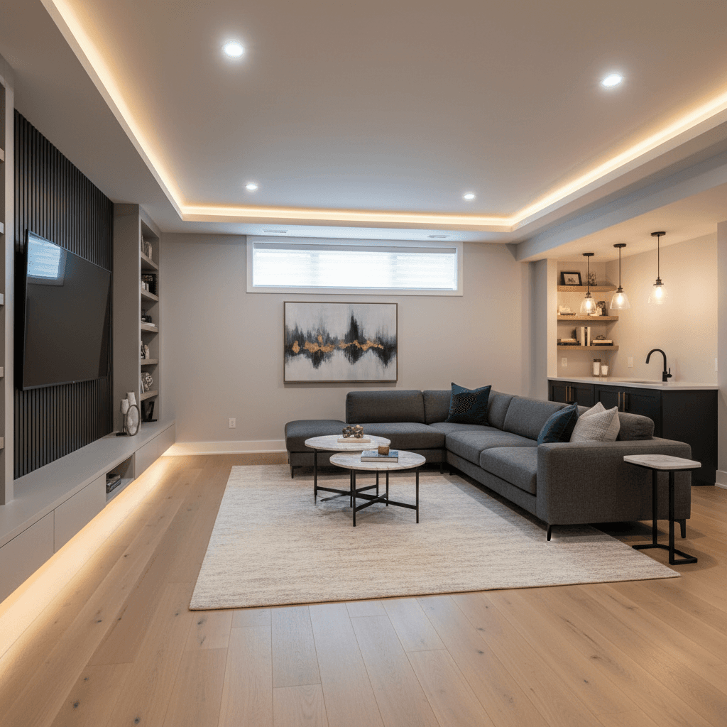 Modern basement with new drywall, flooring, and ambient lighting