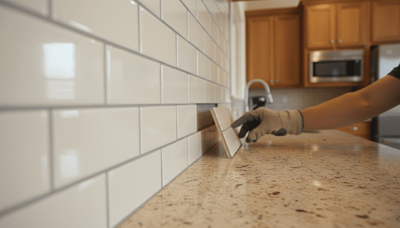 Close-up of freshly installed kitchen backsplash tile with natural lighting