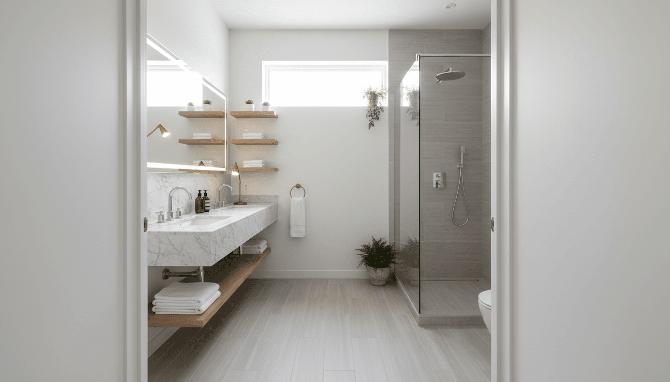 Fully renovated modern bathroom featuring marble vanity, frameless shower, and contemporary fixtures in bright natural light