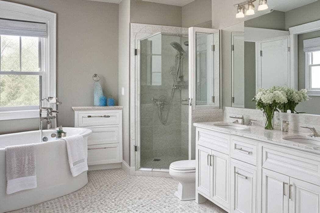 Modern bathroom featuring a white freestanding tub, glass shower, and double vanity with marble.